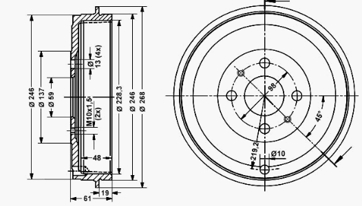 Bremstrommel-Satz 228,3 x 45 mm 