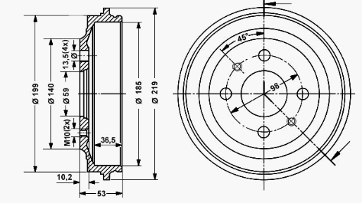 Bremstrommel-Satz 185 x 36,5 mm 